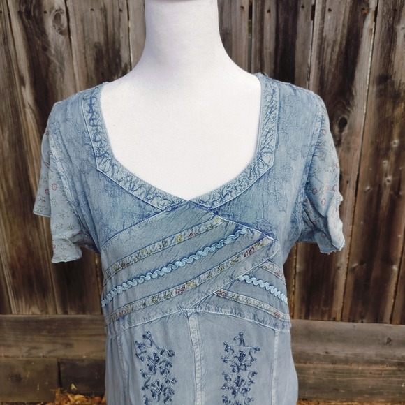 Coline Dress Blue Midi Embroidered Details Casual Cottagecore Bohemian Chambray - Picture 2 of 9